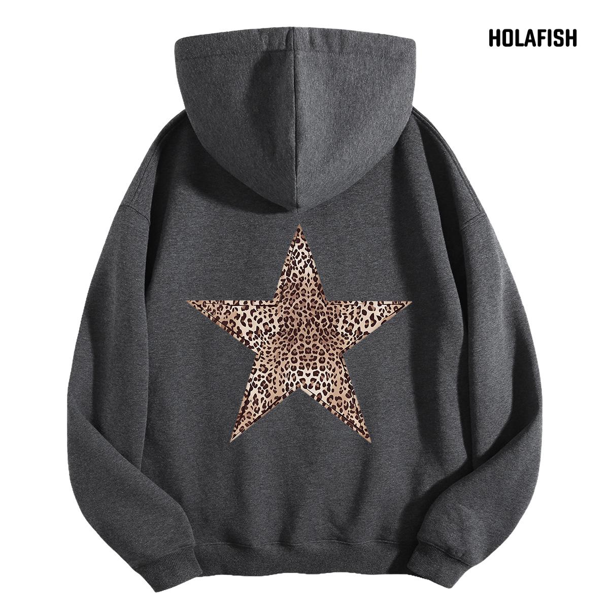 Holafish Fleece Hoodie, Outlined Leopard Star Back, Gray, back flat lay.