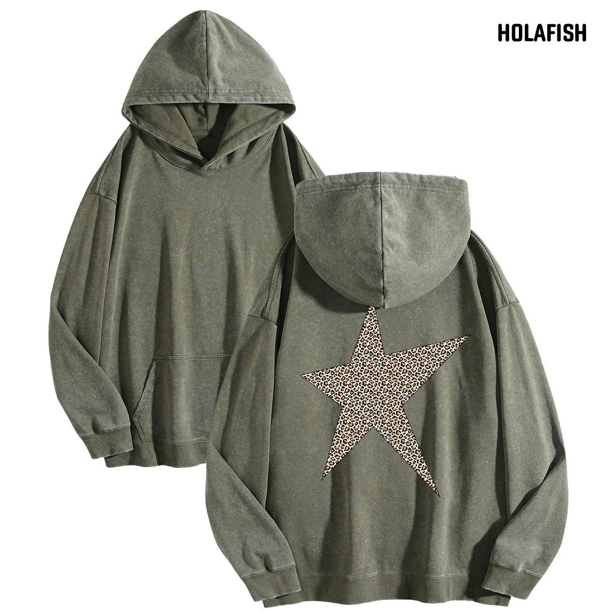 Holafish Acid-Wash Hoodie, Leopard Star Back, Army Green, front and back flat-lay pair.