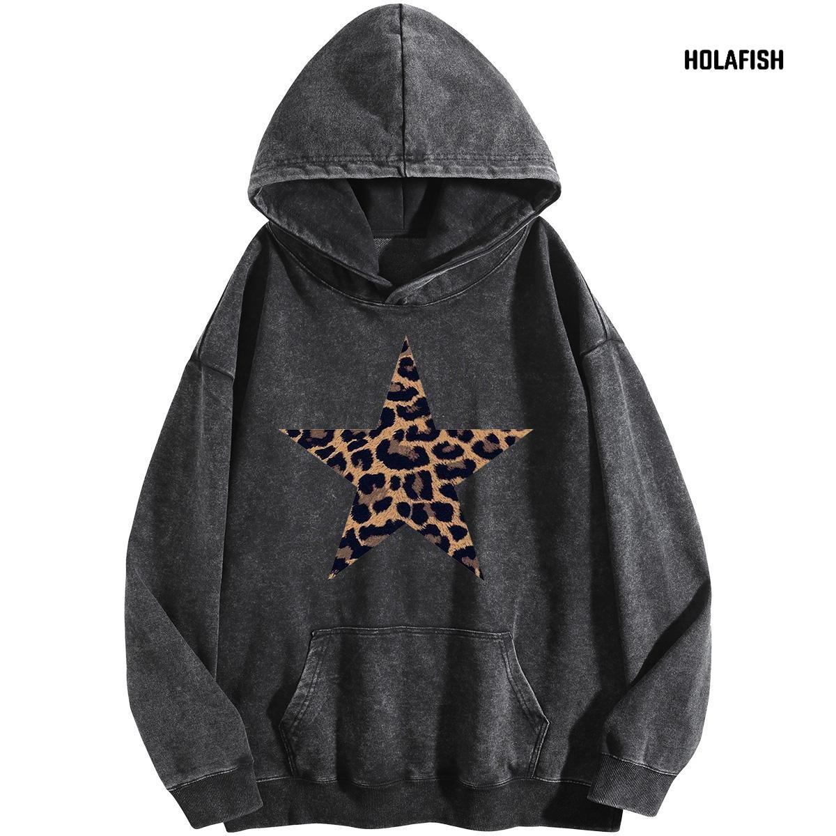 Holafish Acid-Wash Hoodie, Leopard Star Front, Black, front flat lay.