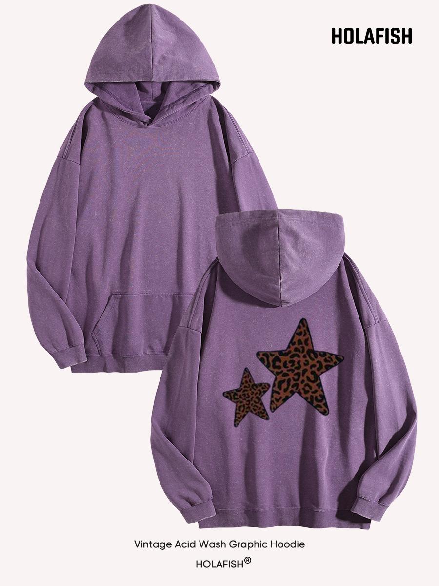 Holafish Acid-Wash Hoodie, Double Star Back, Purple, front and back flat-lay pair.
