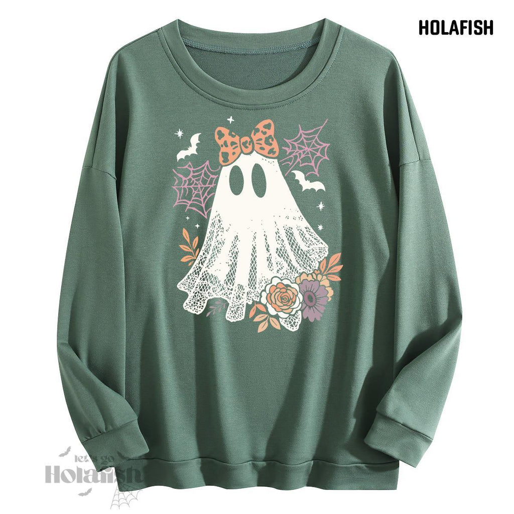 Holafish Graphic Crewneck Sweatshirt, Ghost Lace Bow, Green, front flat lay.