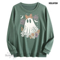 Holafish Graphic Crewneck Sweatshirt, Ghost Lace Bow, Green, front flat lay.