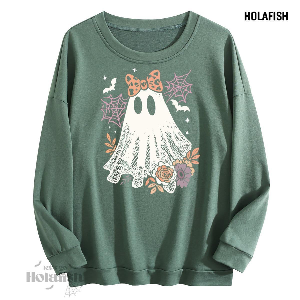 Holafish Graphic Crewneck Sweatshirt, Ghost Lace Bow, Green, front flat lay.