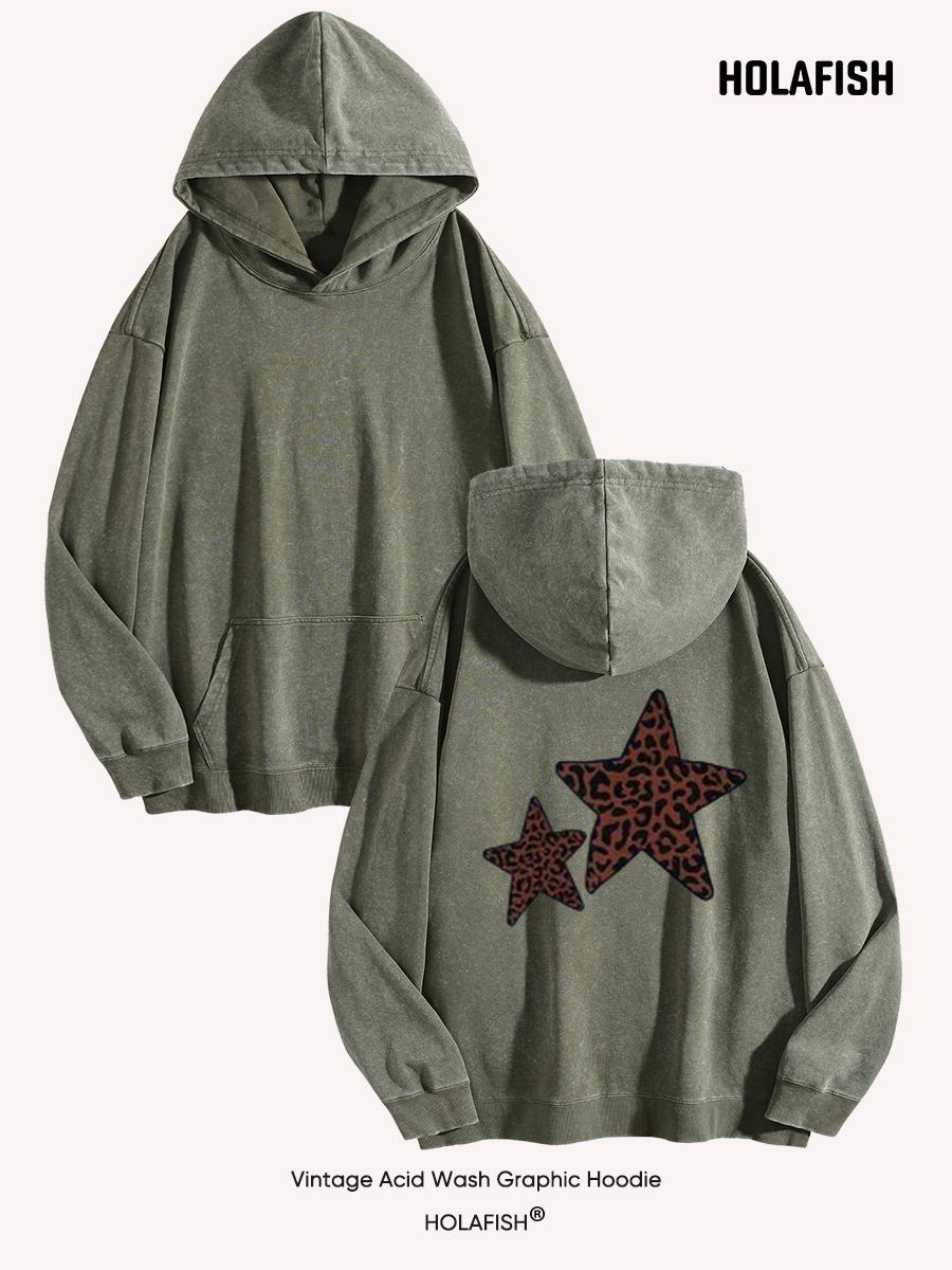 Holafish Acid-Wash Hoodie, Double Star Back, Army Green, front and back flat-lay pair.