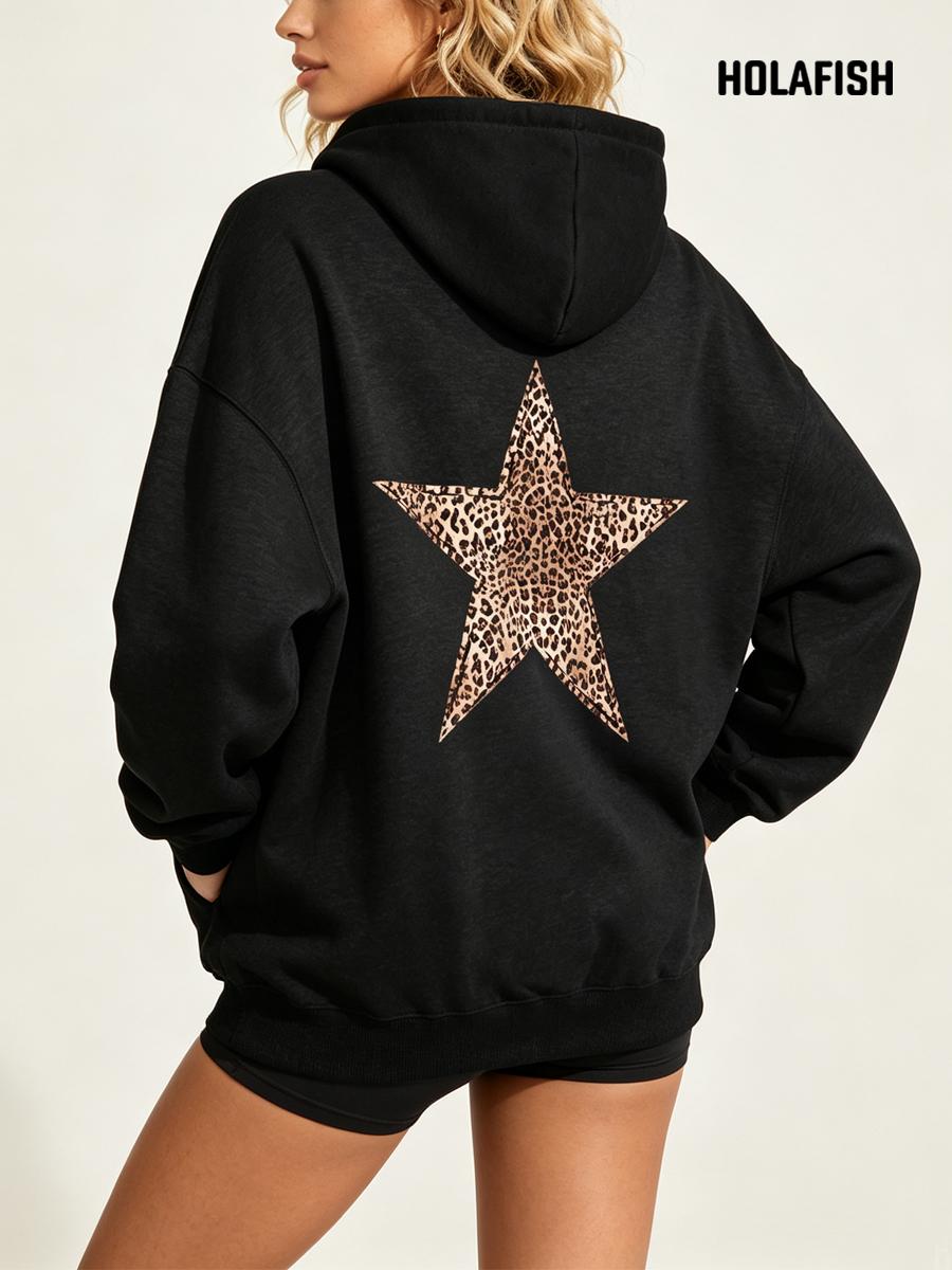 Holafish Fleece Hoodie, Outlined Leopard Star Back, Black, model back view.
