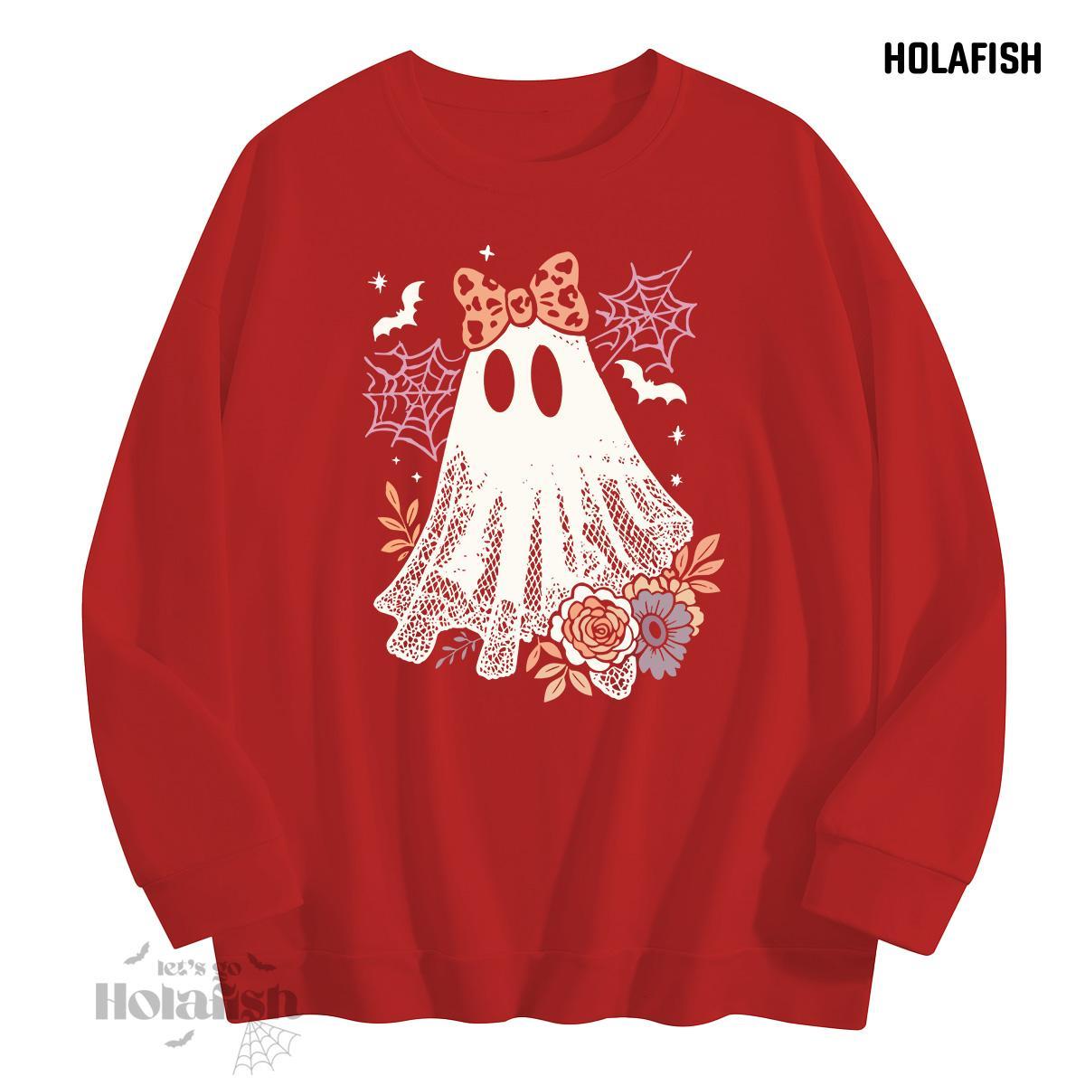 Holafish Graphic Crewneck Sweatshirt, Ghost Lace Bow, Red, front flat lay.