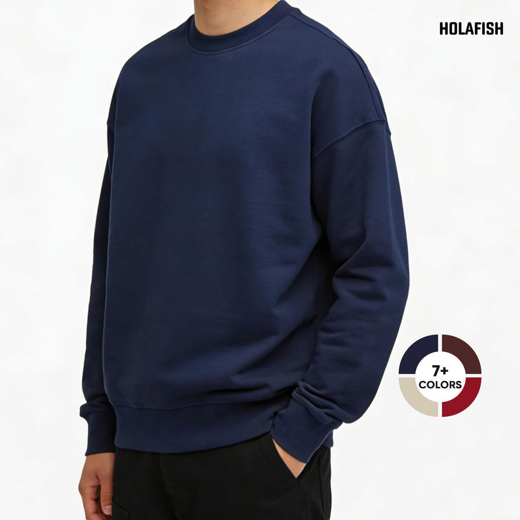 Holafish Crewneck Sweatshirt, No Print, Navy, model front view with color swatches.