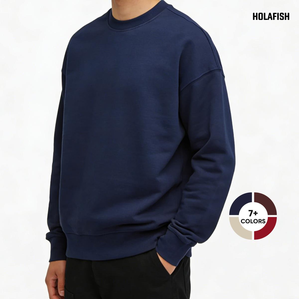 Holafish Crewneck Sweatshirt, No Print, Navy, model front view with color swatches.