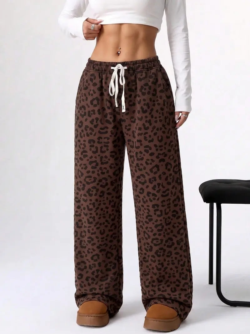 Women’s vintage leopard-print casual wide-leg straight sweatpants — elastic waistband with drawstring, loose fit, street style and casual long pants (vintage clothing)
