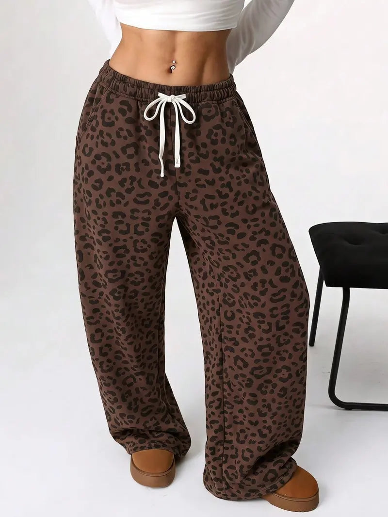 Women’s vintage leopard-print casual wide-leg straight sweatpants — elastic waistband with drawstring, loose fit, street style and casual long pants (vintage clothing)