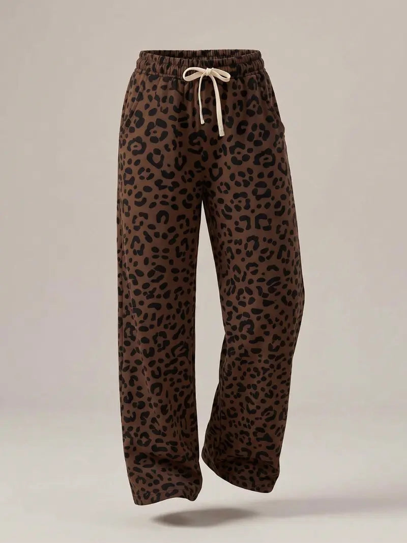 Women’s vintage leopard-print casual wide-leg straight sweatpants — elastic waistband with drawstring, loose fit, street style and casual long pants (vintage clothing)