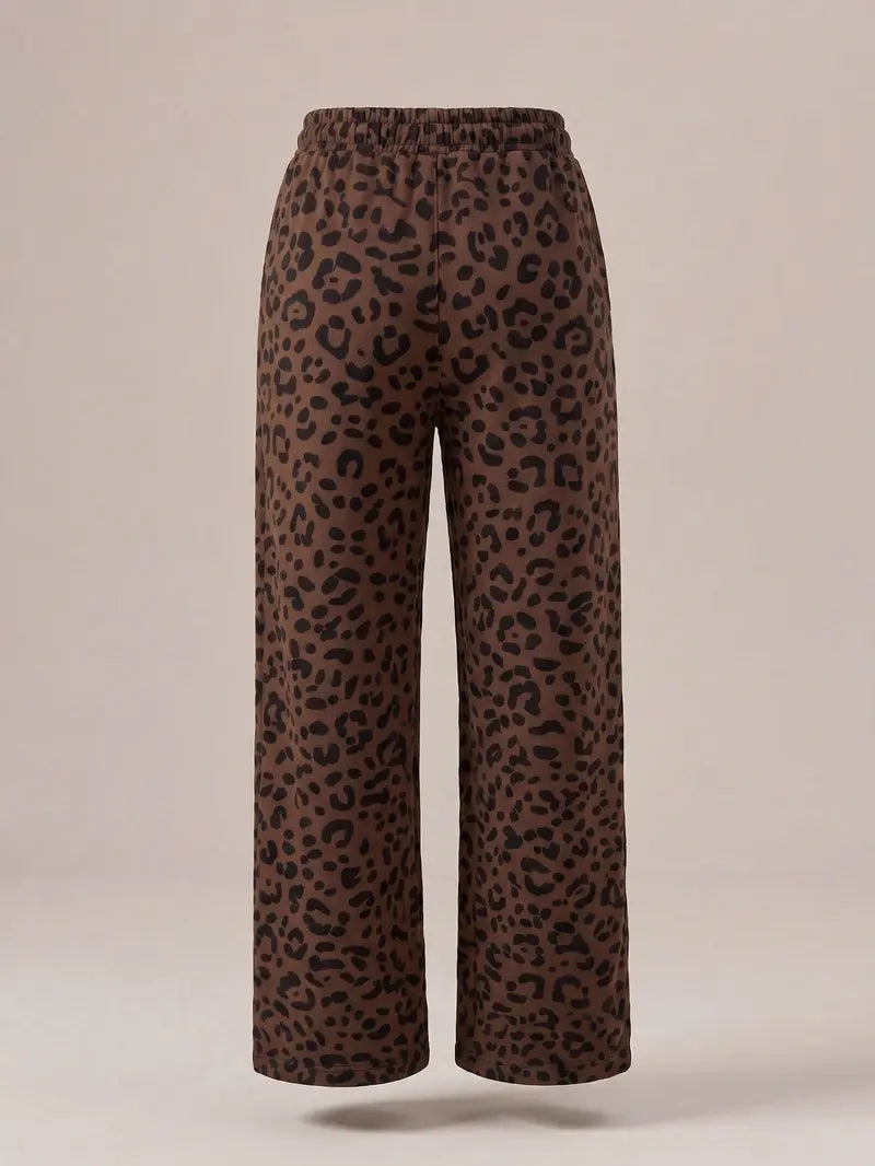 Women’s vintage leopard-print casual wide-leg straight sweatpants — elastic waistband with drawstring, loose fit, street style and casual long pants (vintage clothing)