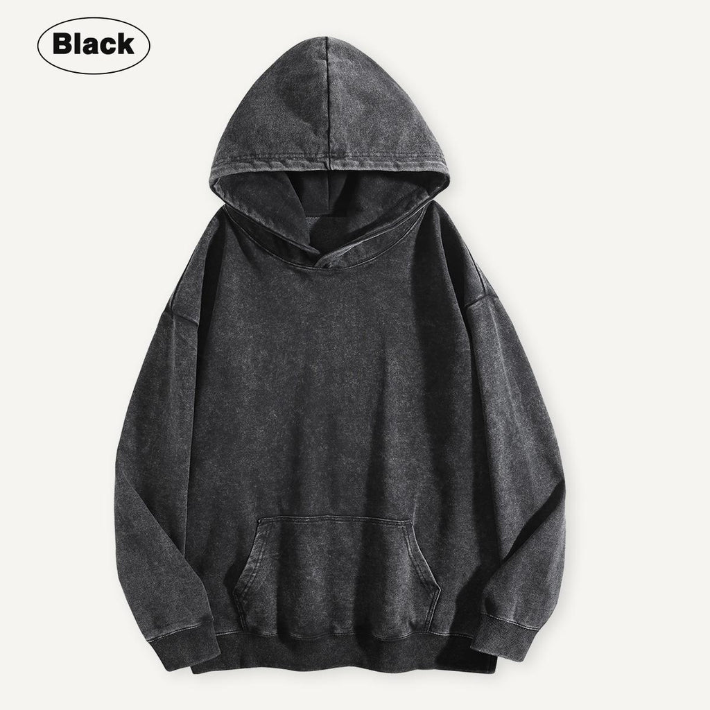 Holafish Acid-Wash Hoodie, No Print, Black, front flat lay.