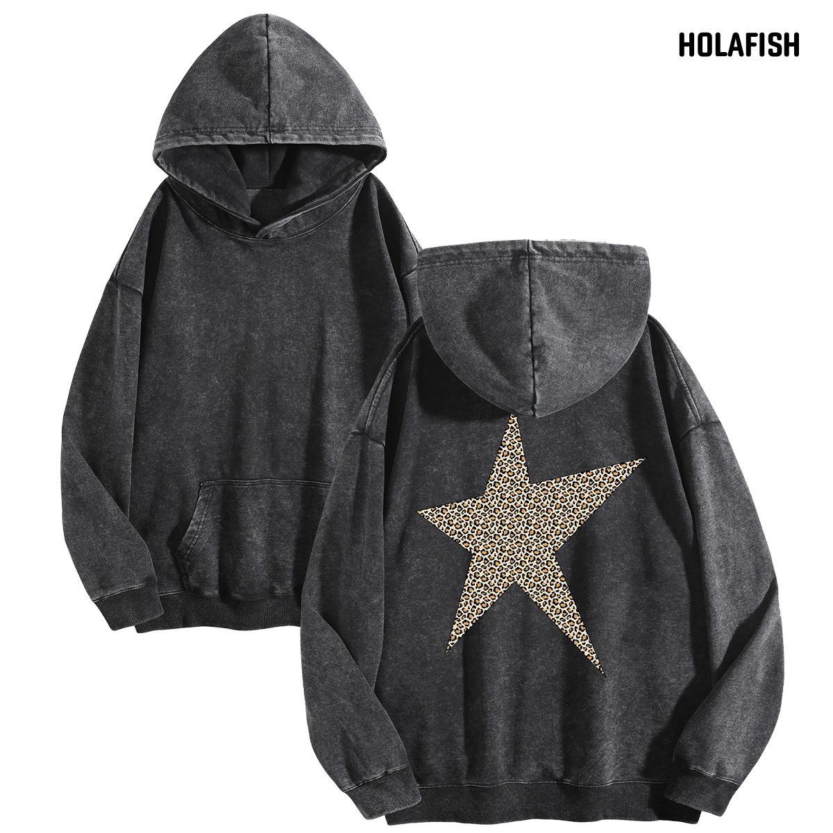 Holafish Acid-Wash Hoodie, Leopard Star Back, Black, front and back flat-lay pair.