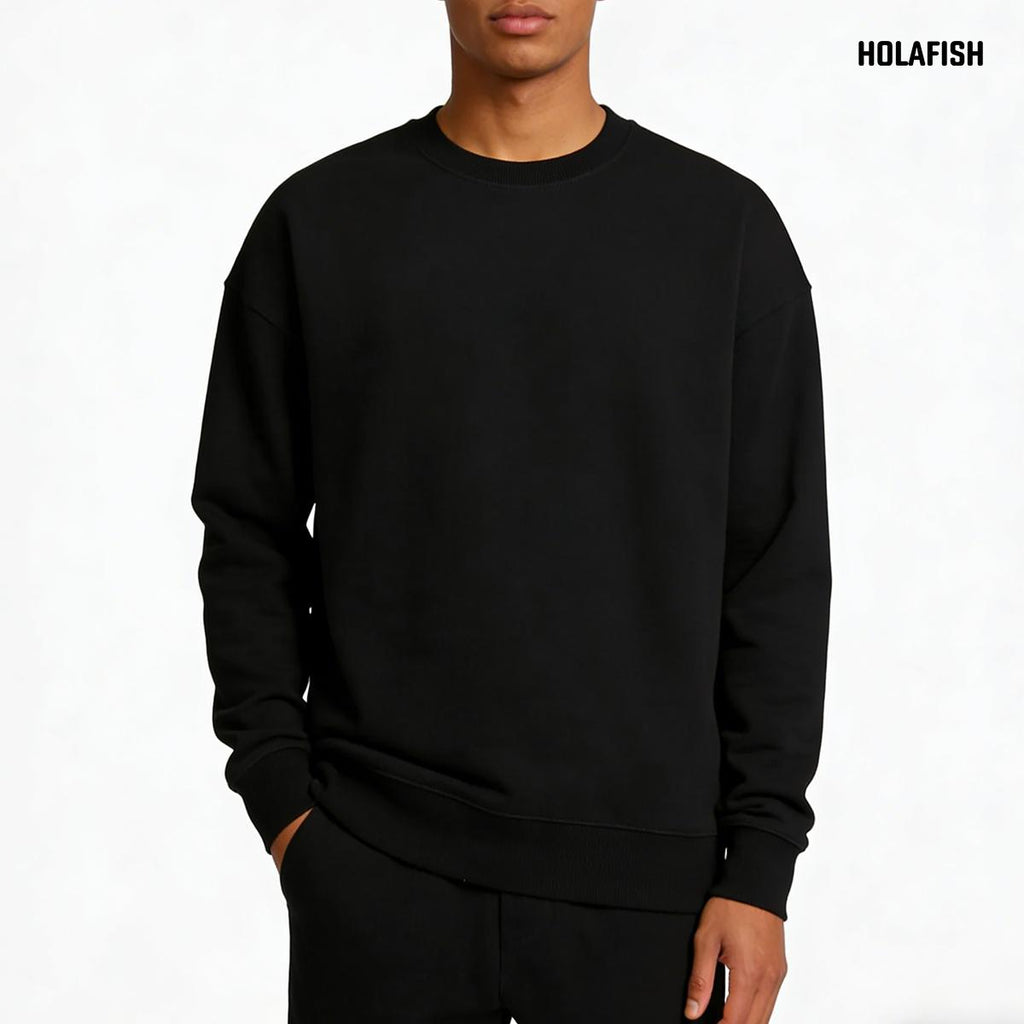 Holafish Crewneck Sweatshirt, No Print, Black, model front view.