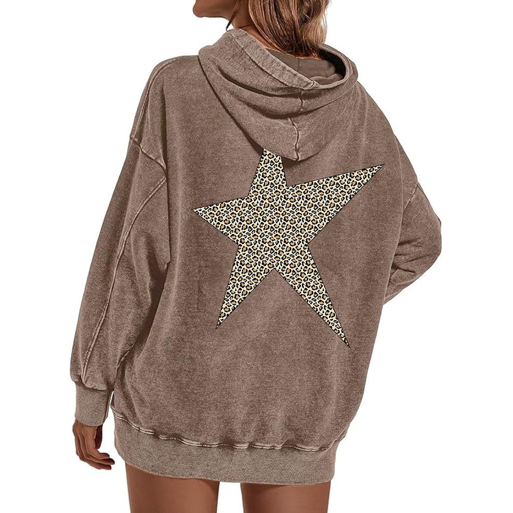 Holafish Acid-Wash Hoodie, Leopard Star Back, Coffee, model back view.
