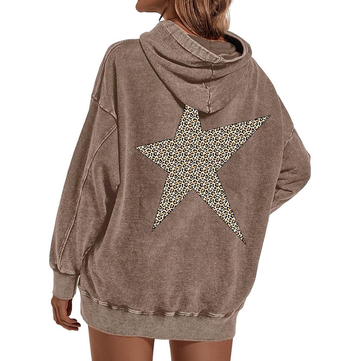Holafish Acid-Wash Hoodie, Leopard Star Back, Coffee, model back view.
