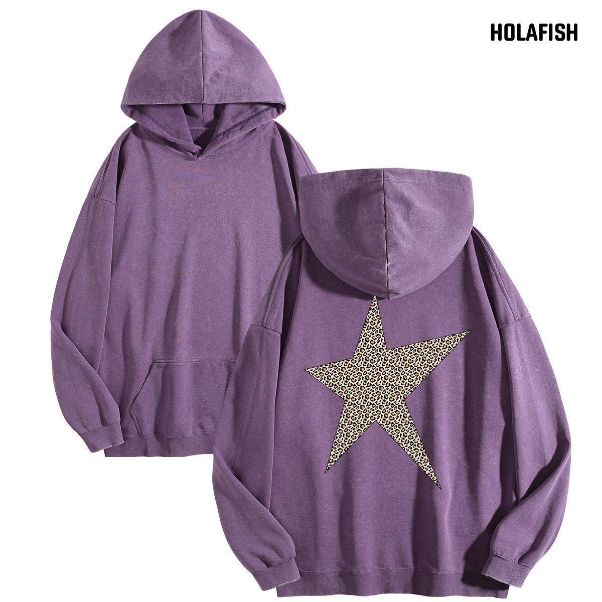 Holafish Acid-Wash Hoodie, Leopard Star Back, Purple, front and back flat-lay pair.
