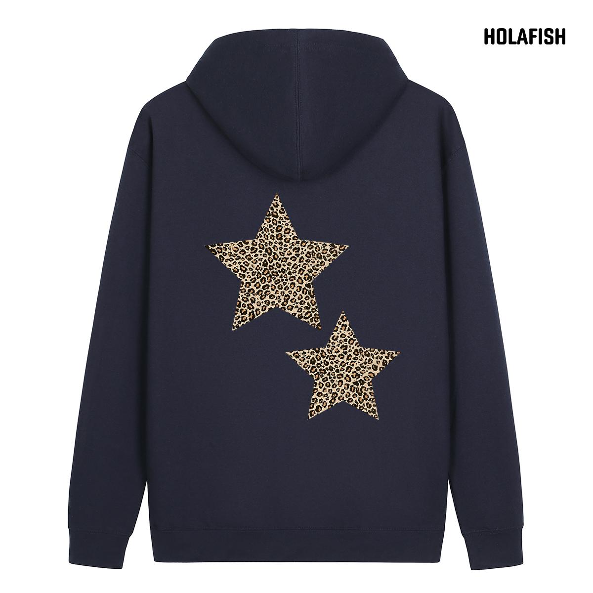 Holafish Fleece Hoodie, Double Leopard Star Back, Navy, back flat lay.