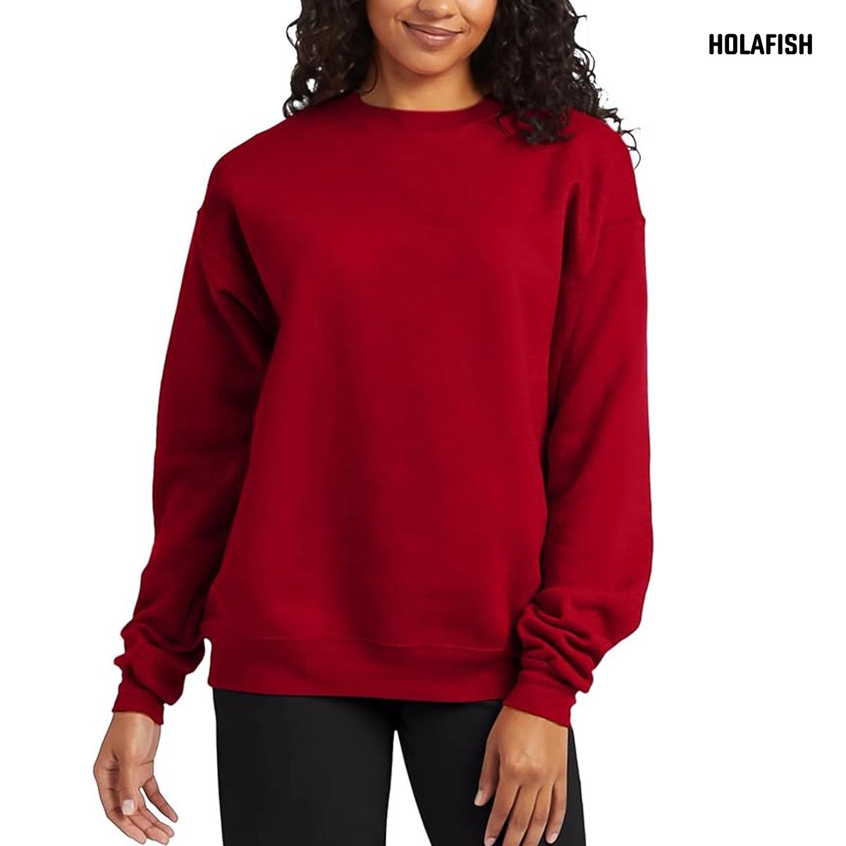 Holafish Crewneck Sweatshirt, No Print, Red, model front view.
