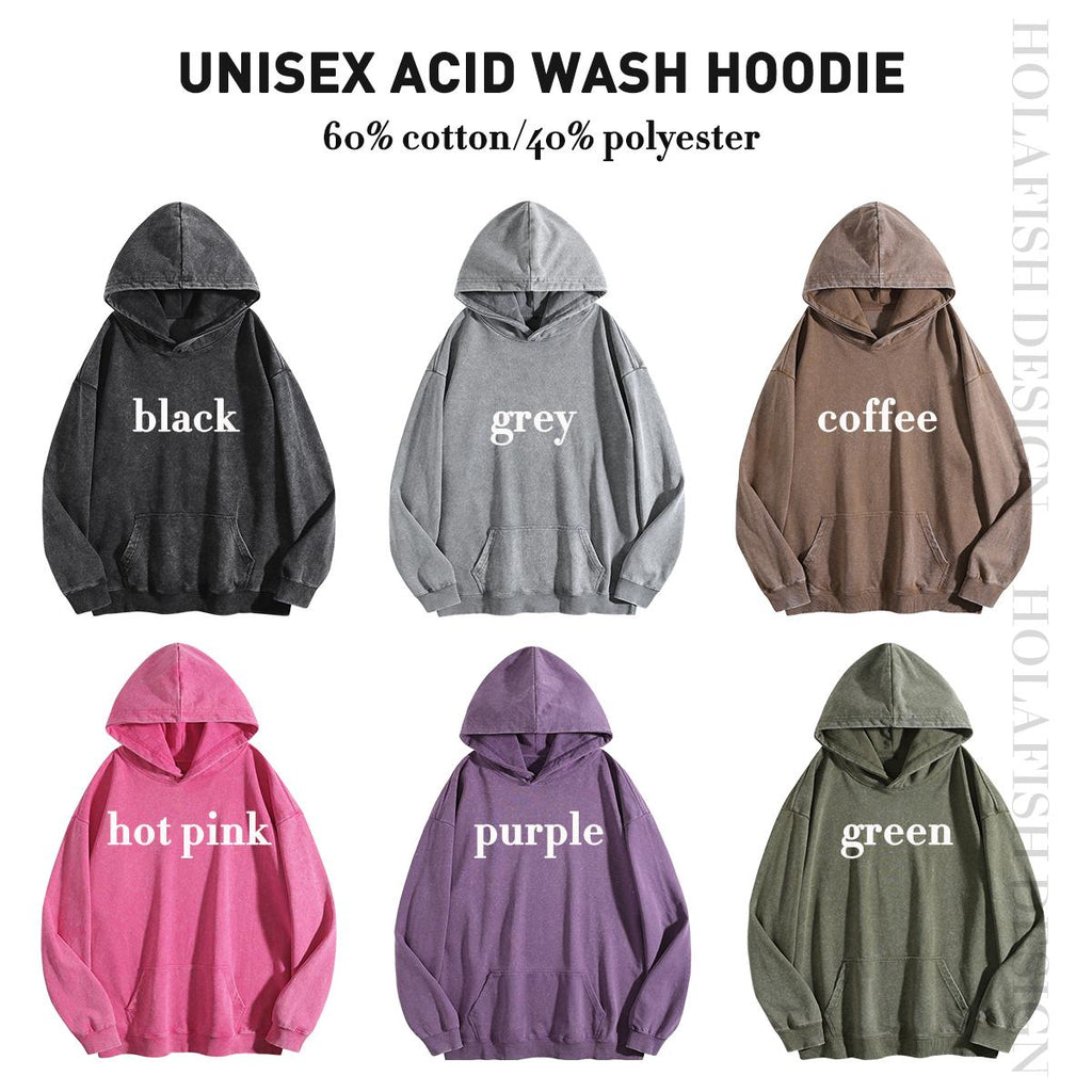 Holafish Acid-Wash Hoodie, No Print, six-color front-view overview.