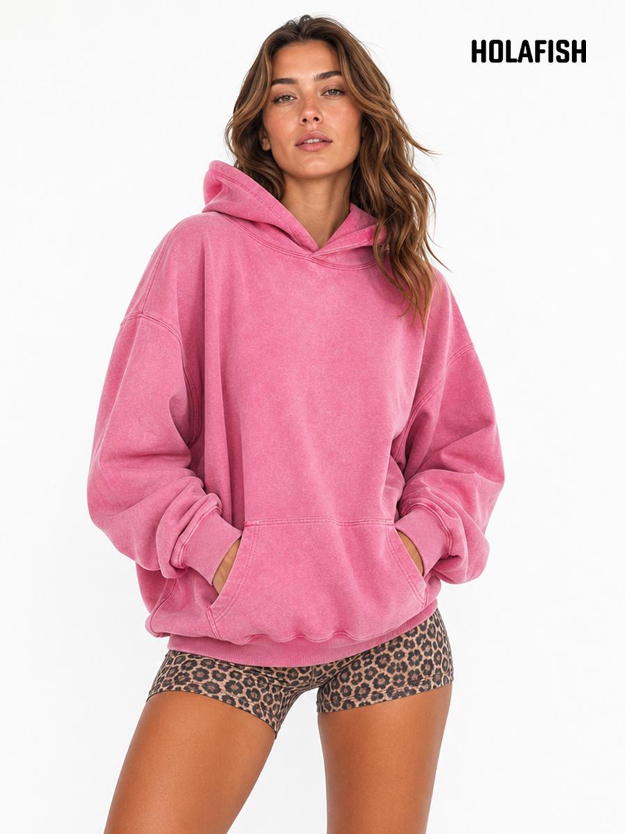 Holafish Acid-Wash Hoodie, No Print, Pink, model front view.