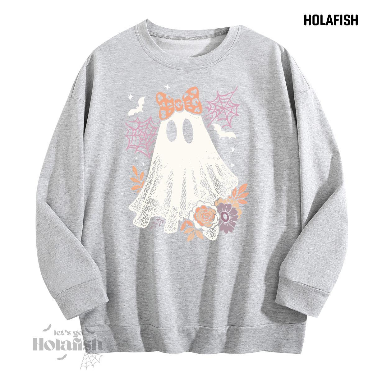 Holafish Graphic Crewneck Sweatshirt, Ghost Lace Bow, Gray, front flat lay.