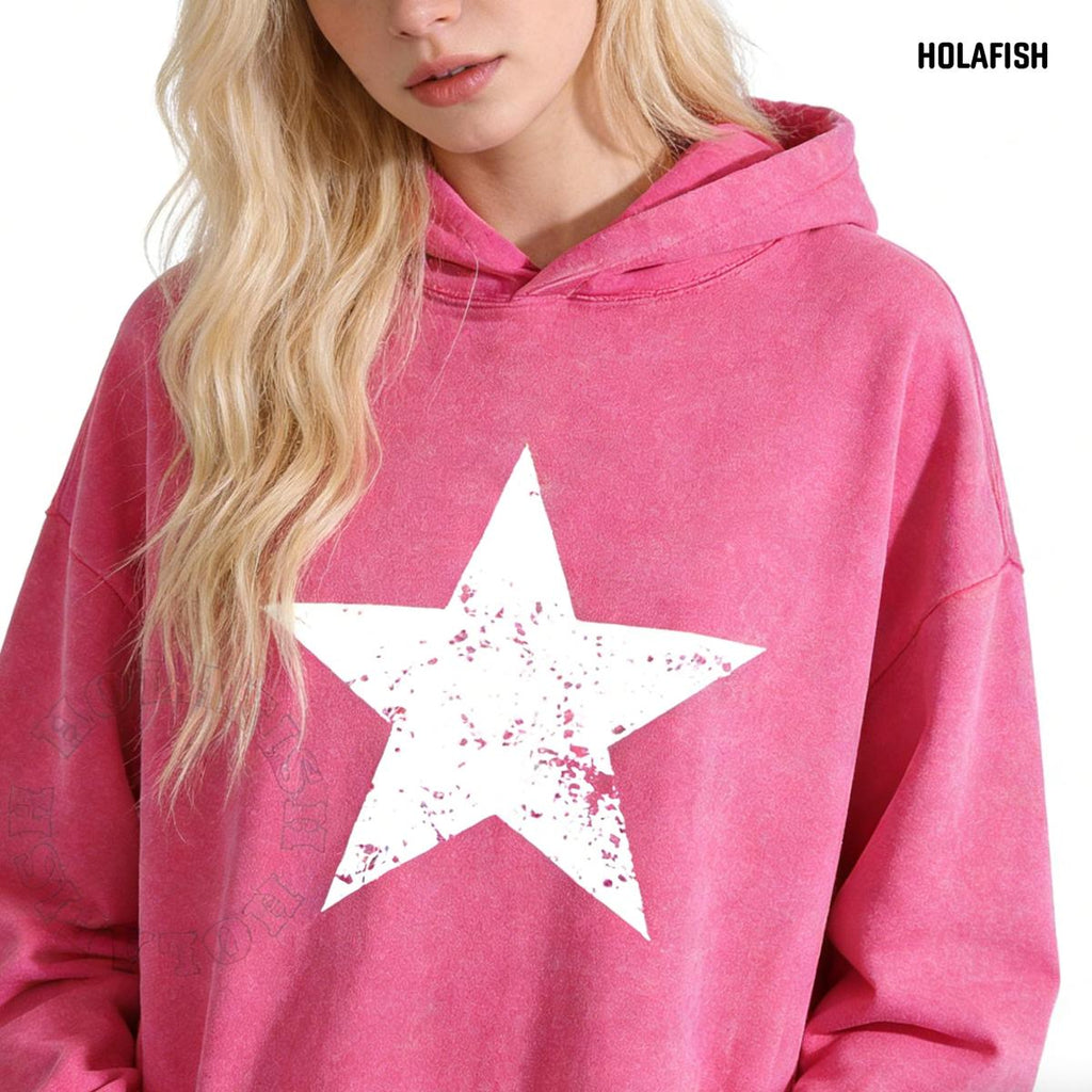 Holafish Acid-Wash Hoodie, White Star Front, Pink, model front view.