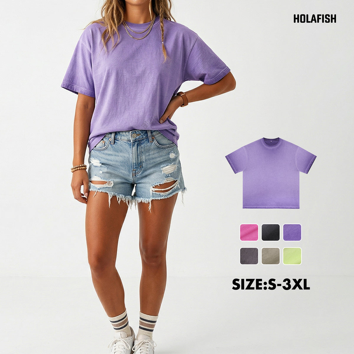 Holafish Womens Vintage Washed T-shirts Cotton Dirty Washed Trendy Gradient Color T-Shirt, High Quality Street Trendy Personalized Clothing Must-Have for Fashion People