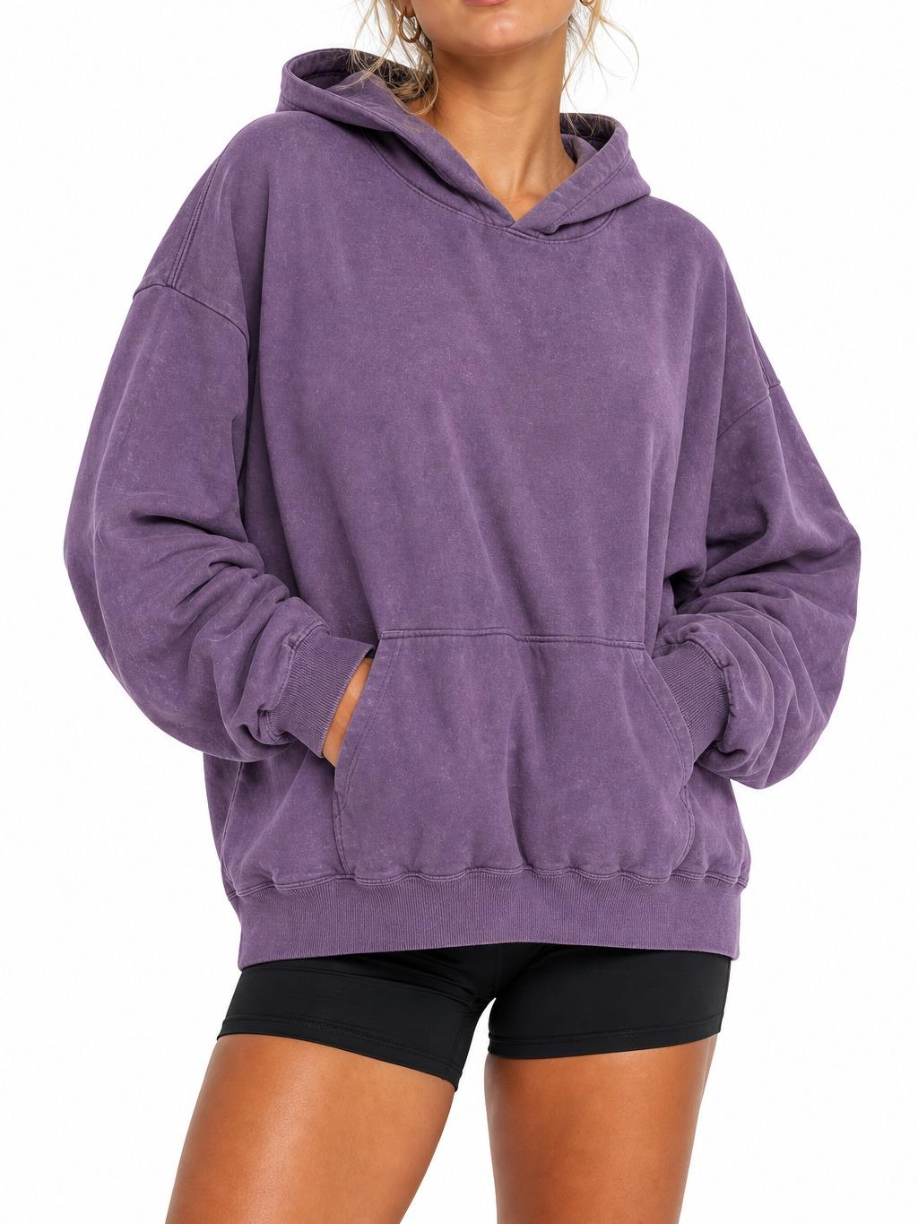 Holafish Acid-Wash Hoodie, No Print, Purple, model front view.