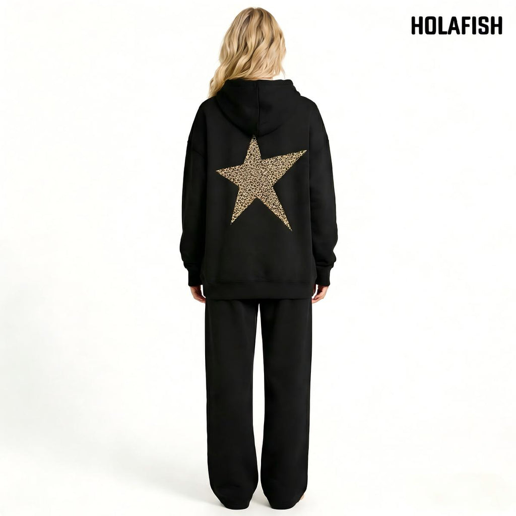 Holafish Fleece Hoodie, Asymmetric Leopard Star Back, Black, model back view.