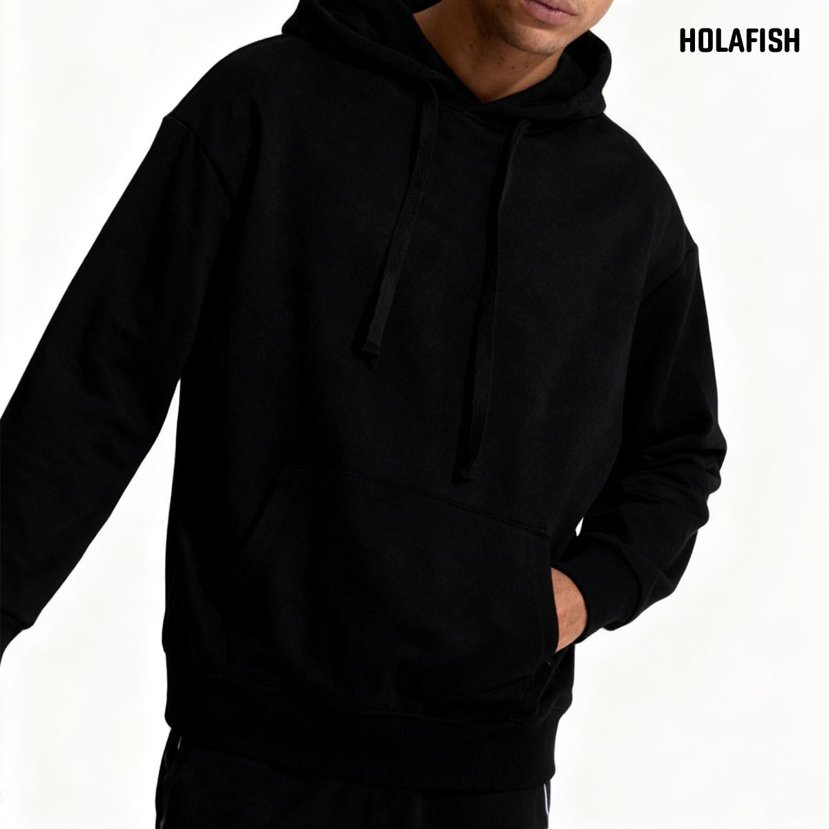 Holafish Everyday Fleece Hoodie, No Print, Black, model front view.