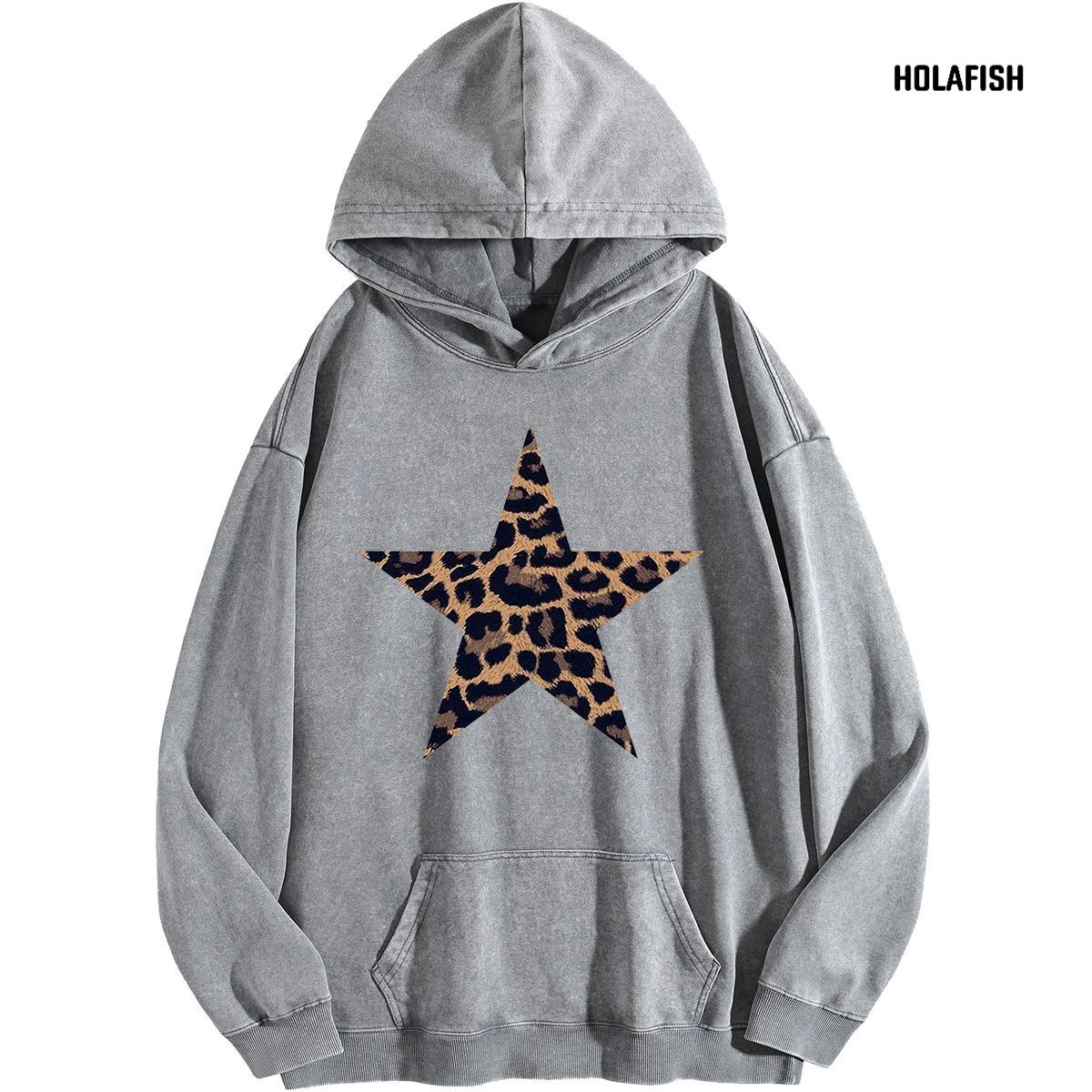 Holafish Acid-Wash Hoodie, Leopard Star Front, Gray, front flat lay.