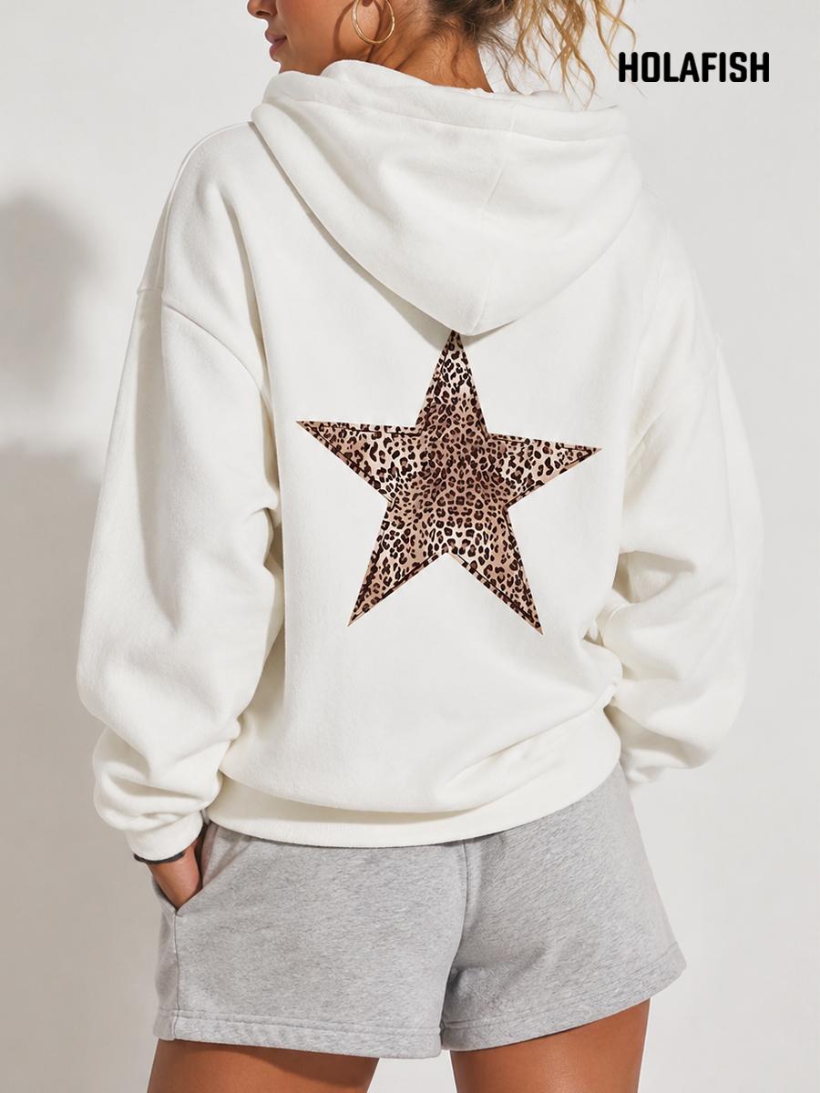 Holafish Fleece Hoodie, Outlined Leopard Star Back, White, model back view.