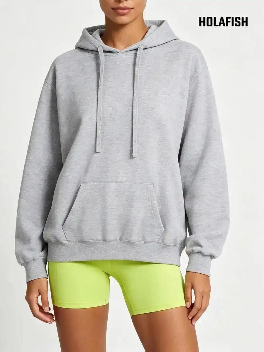Holafish Fleece Hoodie, No Print, Light Gray, model front view.