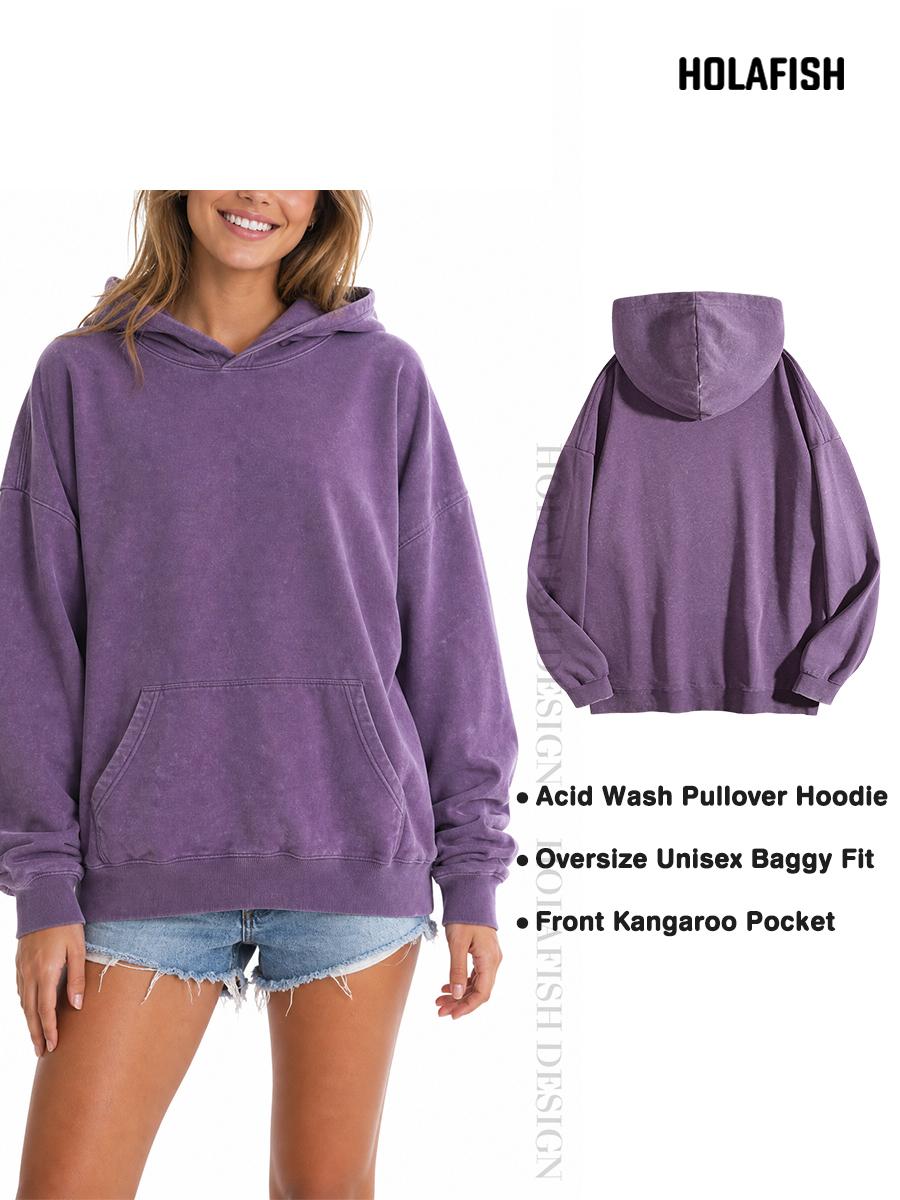 Holafish Acid-Wash Hoodie, No Print, Purple, model and garment front-and-back collage.