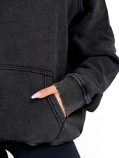 Holafish Acid-Wash Hoodie, Double Star Back, Black, cuff and pocket detail.