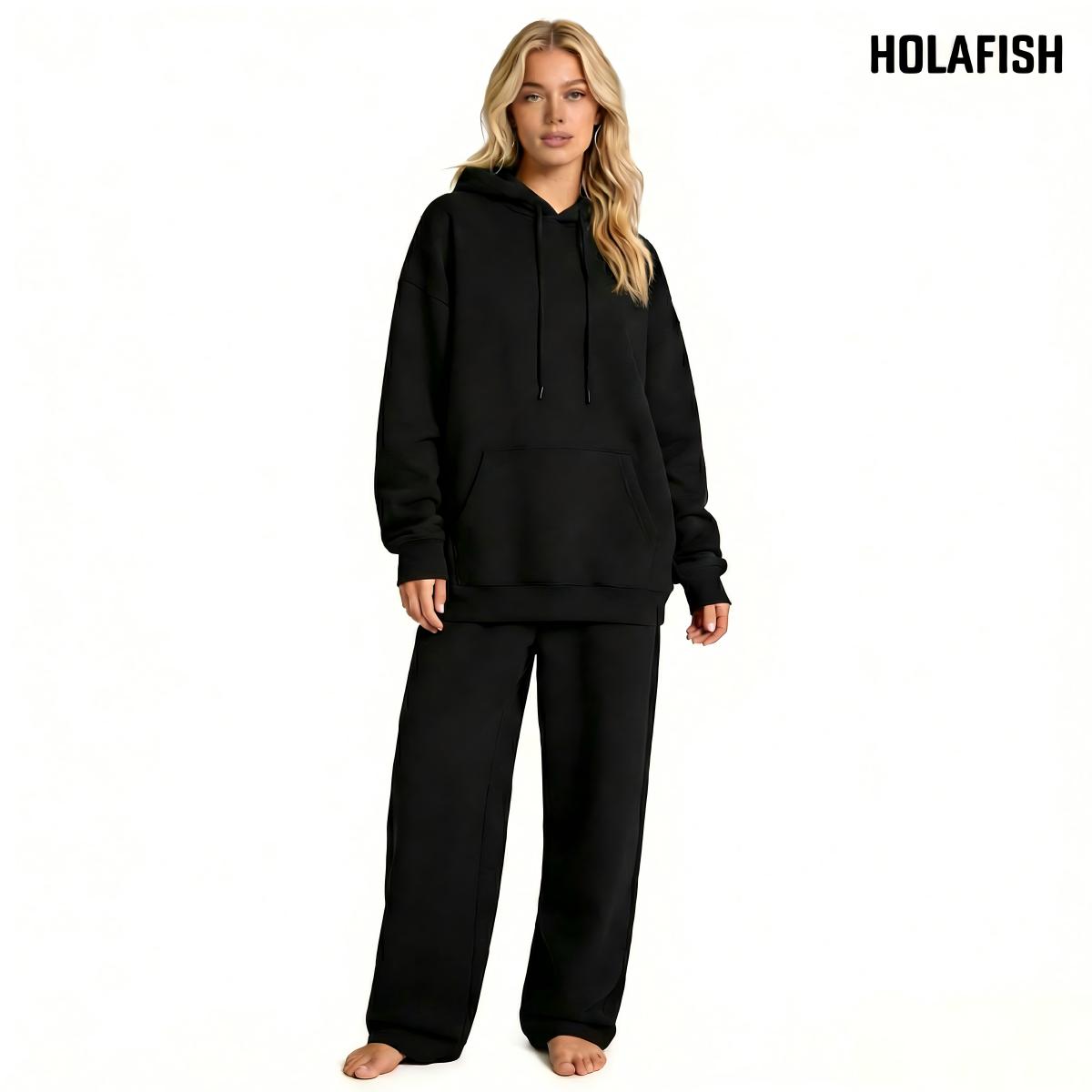 Holafish Fleece Hoodie, Double Leopard Star Back, Black, model plain-front view; stars are on back.