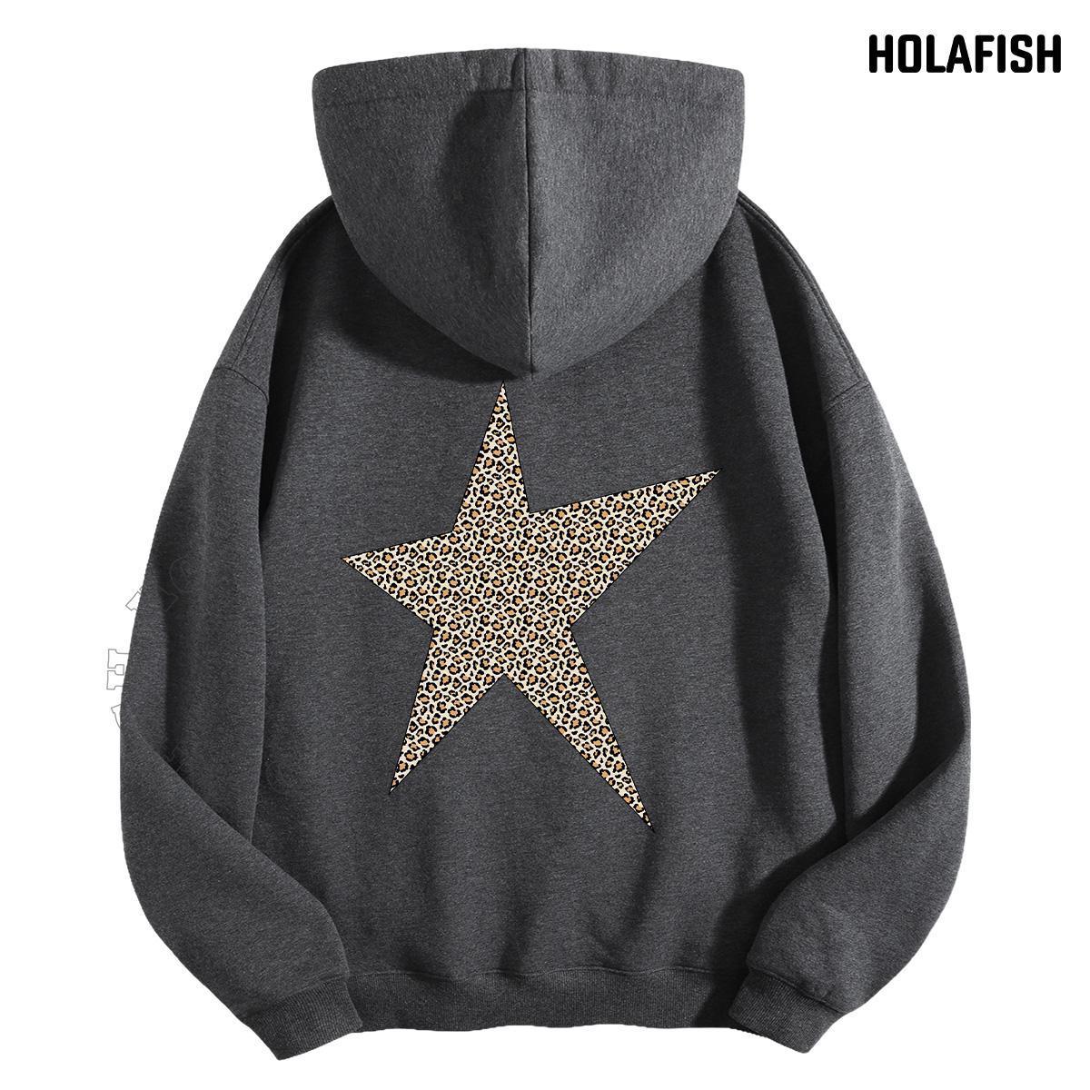 Holafish Fleece Hoodie, Asymmetric Leopard Star Back, Gray, back flat lay.