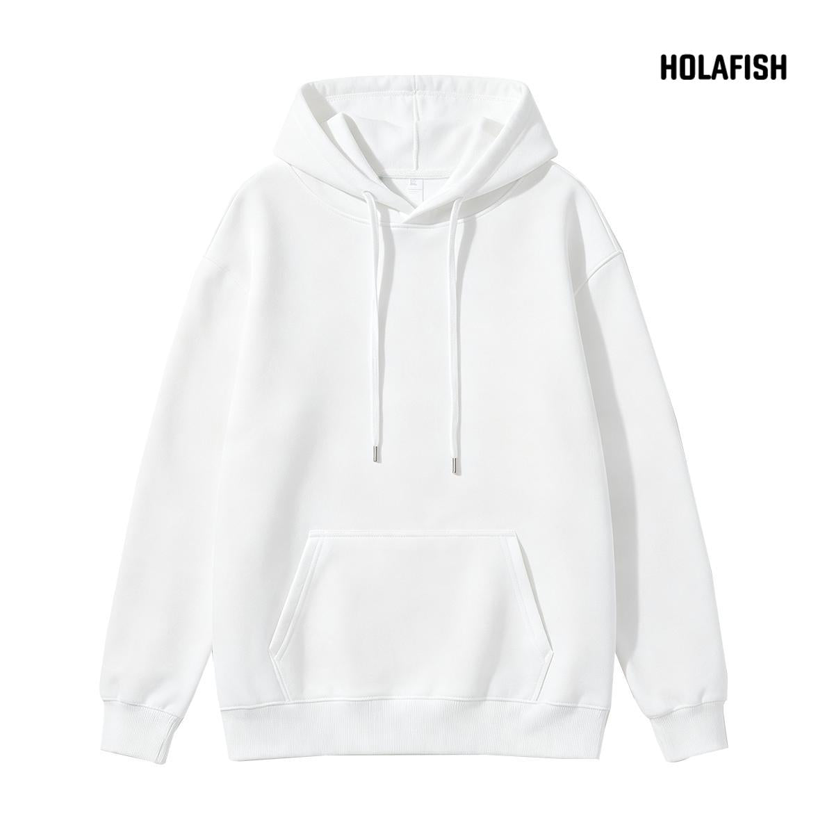 Holafish Fleece Hoodie, No Print, White, front flat lay.