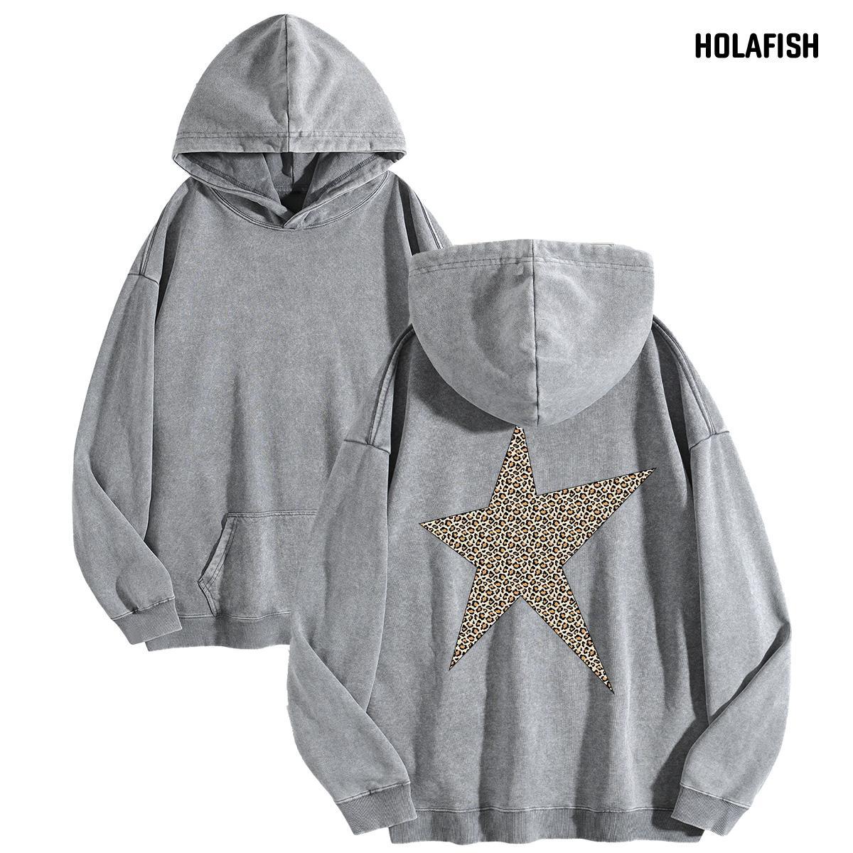 Holafish Acid-Wash Hoodie, Leopard Star Back, Gray, front and back flat-lay pair.