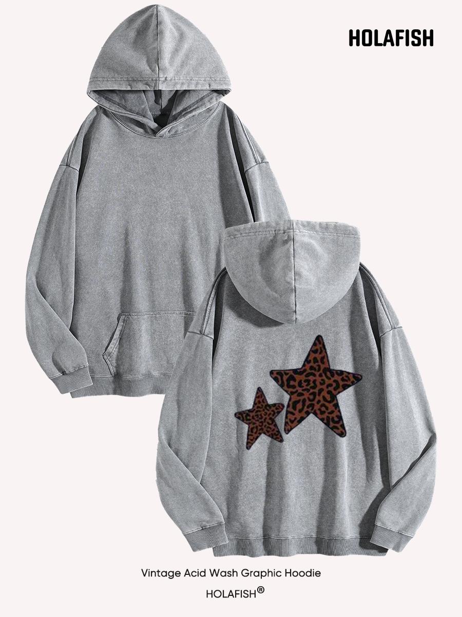 Holafish Acid-Wash Hoodie, Double Star Back, Gray, front and back flat-lay pair.