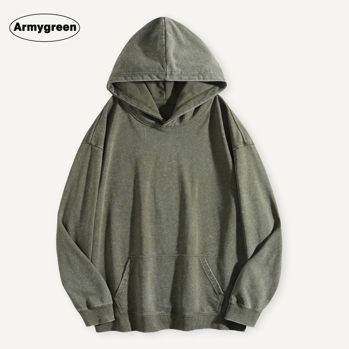 Holafish Acid-Wash Hoodie, No Print, Army Green, front flat lay.