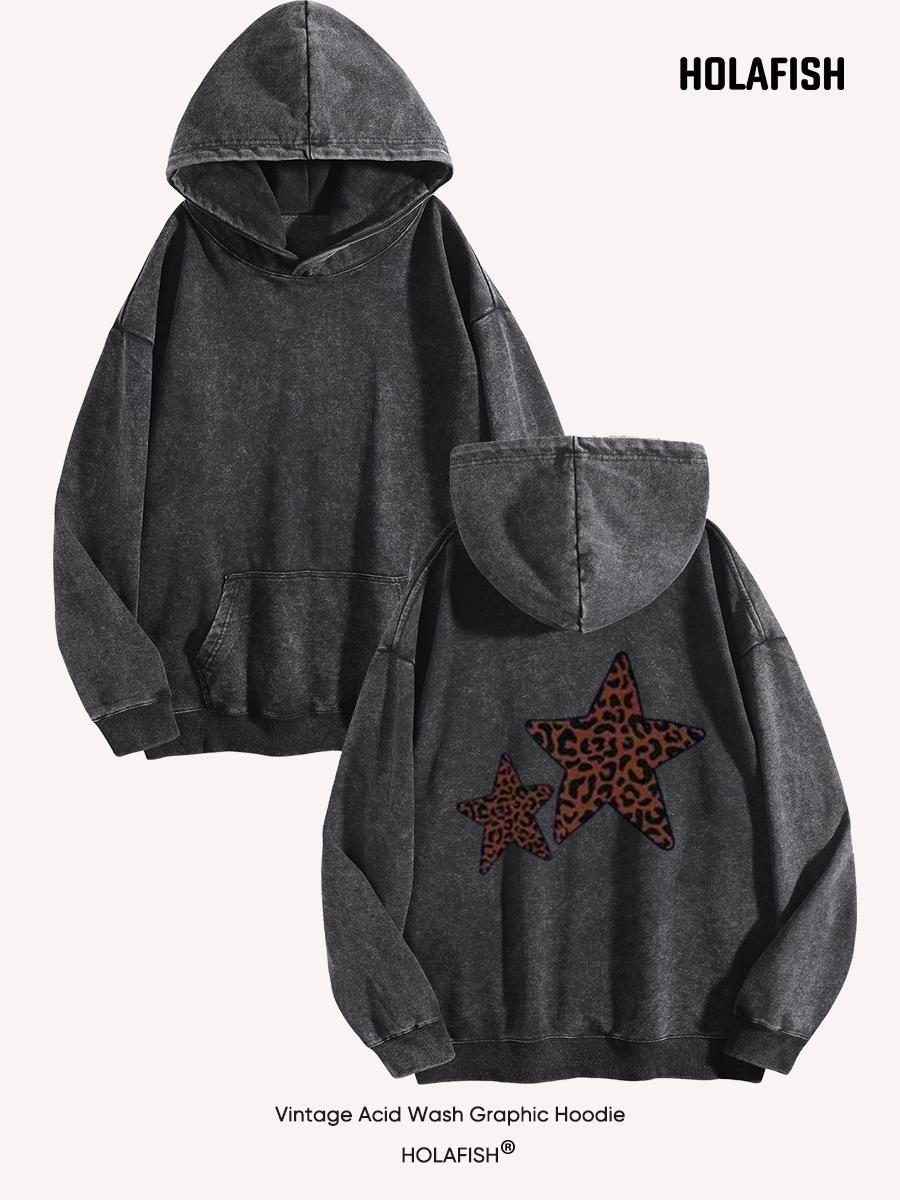 Holafish Acid-Wash Hoodie, Double Star Back, Black, front and back flat-lay pair.