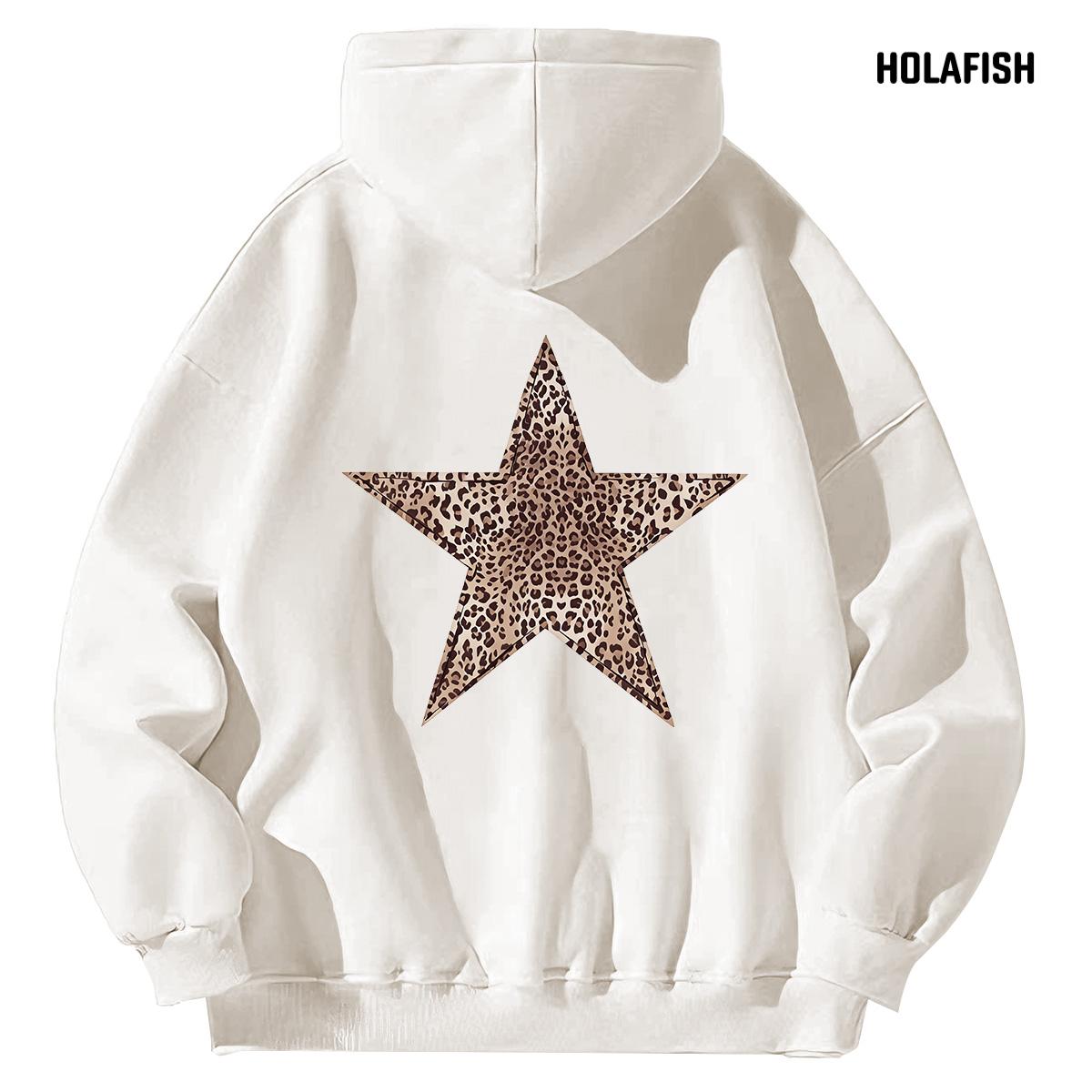 Holafish Fleece Hoodie, Outlined Leopard Star Back, White, back flat lay. View 2.