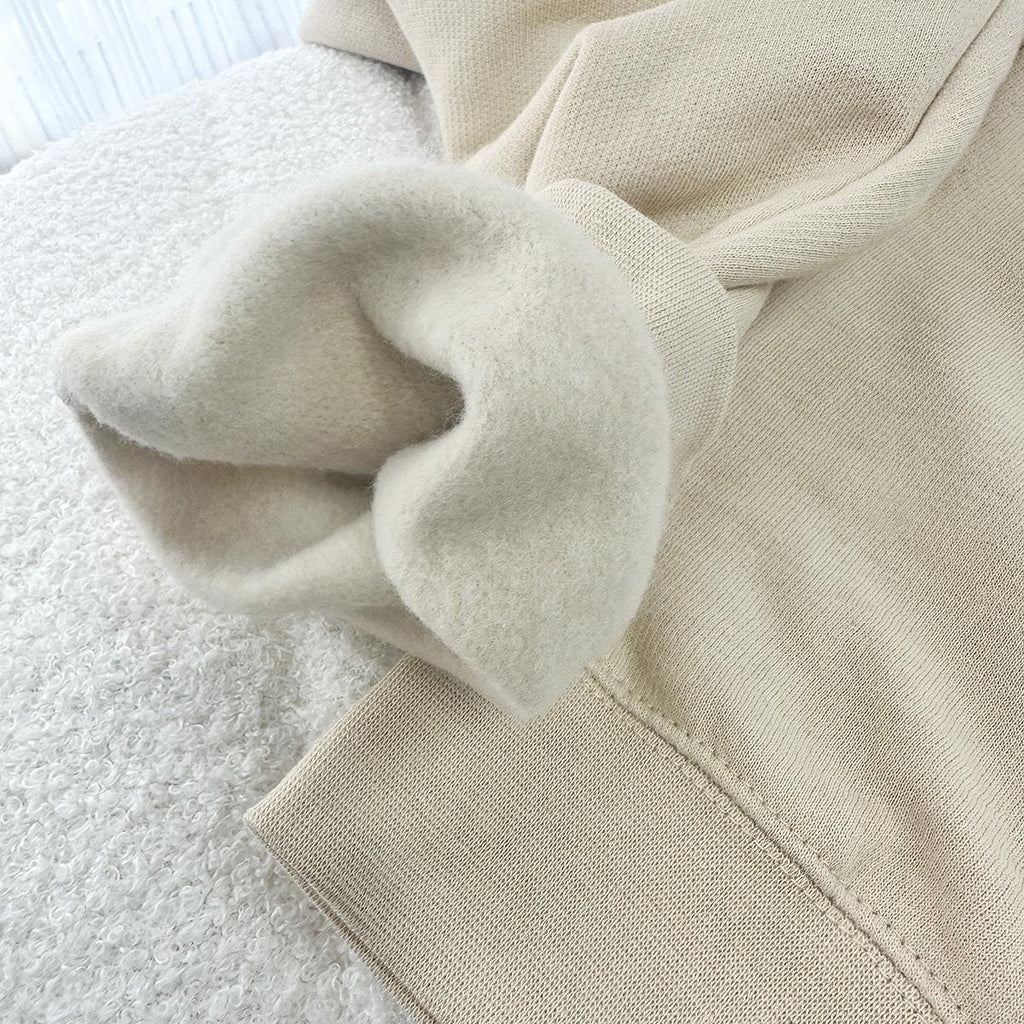 Holafish Everyday Fleece Hoodie, No Print, Sand, inner fleece and sleeve detail.