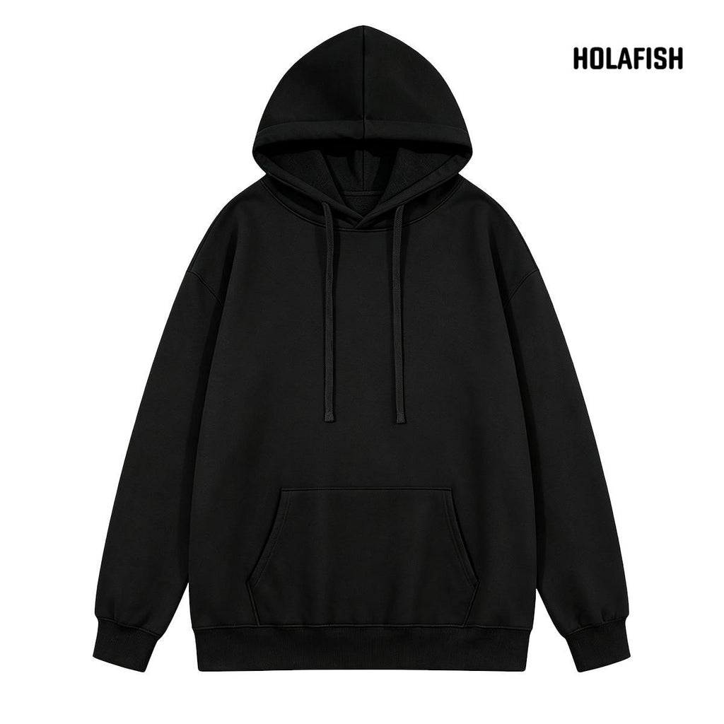 Holafish Fleece Hoodie, No Print, Black, front flat lay.