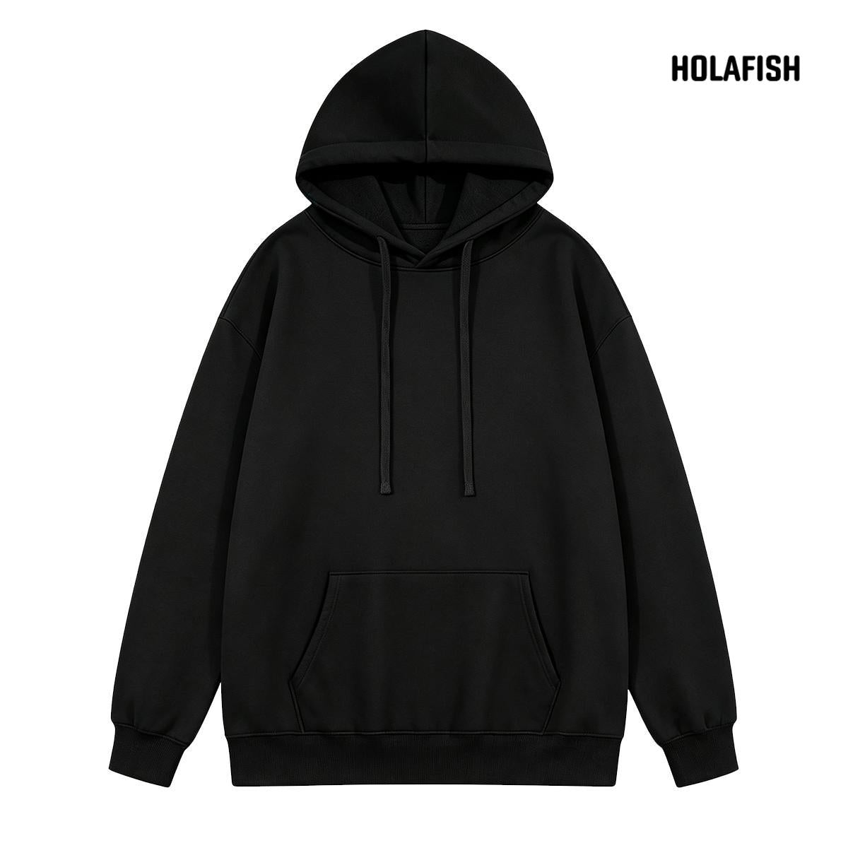 Holafish Fleece Hoodie, No Print, Black, front flat lay.