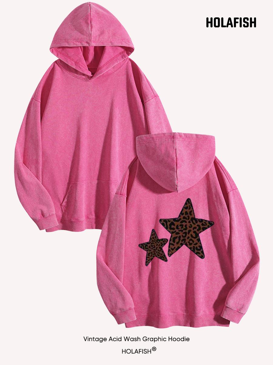 Holafish Acid-Wash Hoodie, Double Star Back, Pink, front and back flat-lay pair.