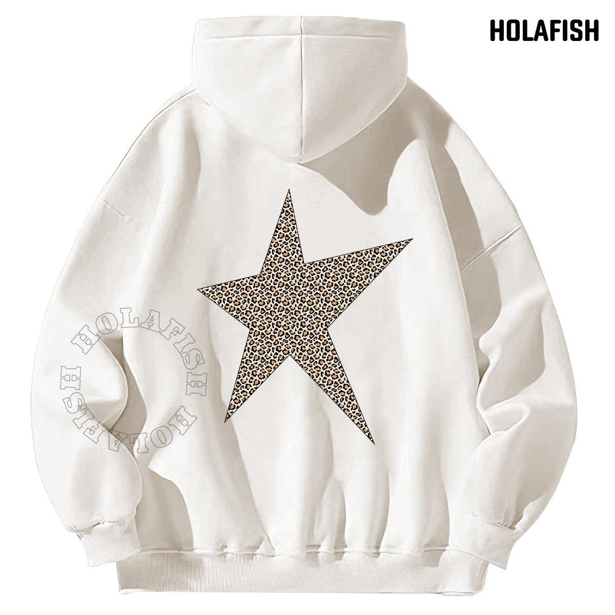 Holafish Fleece Hoodie, Asymmetric Leopard Star Back, White, back flat lay.